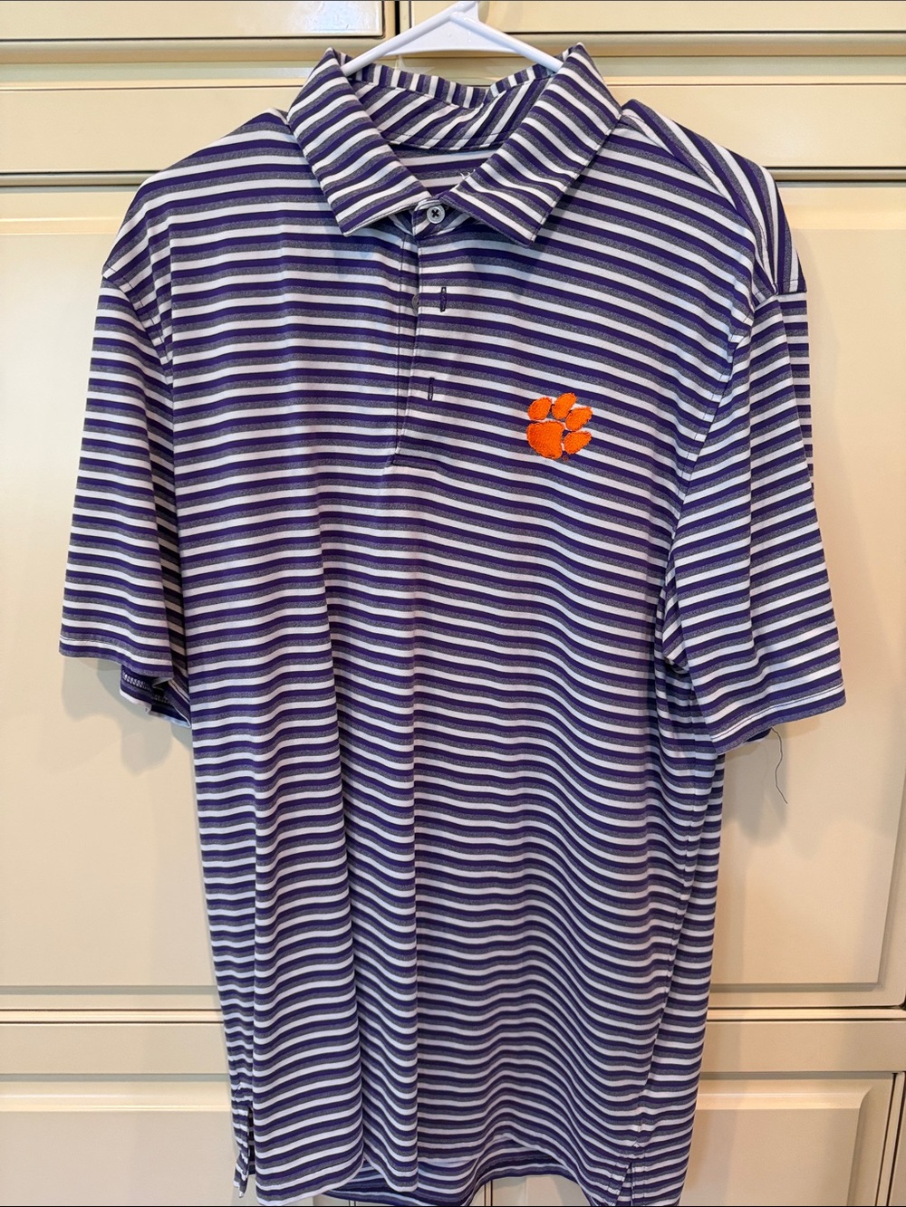 Southern Tide Clemson Purple & White Striped Polo Shirt with Orange Paw Logo XL